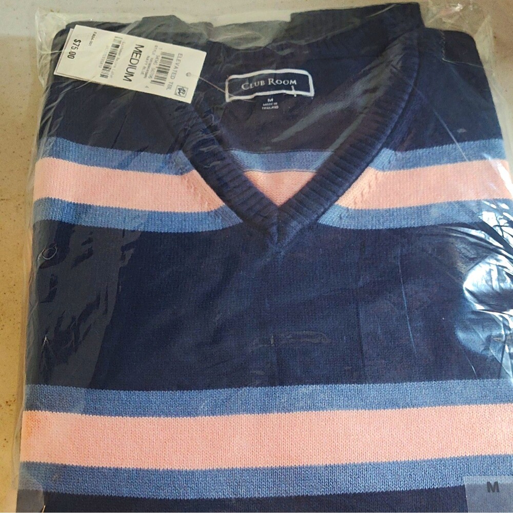 Club Room Men's V-Neck Striped Knit Pullover Sweater Navy Blue Pink Size M 1281